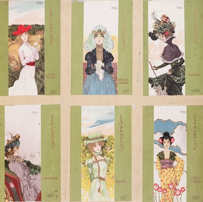 Selection of postcards with allegorical representations of perfumes by Raphael Kirchner